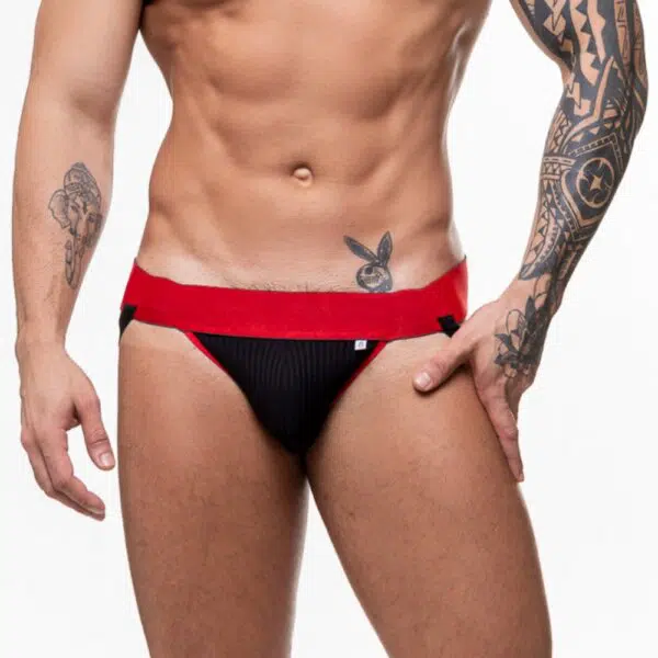 Jockstrap byke preto e vermelho suplex canelado