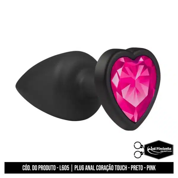 Plug Anal Preto Touch Coração PINK da La Pimienta