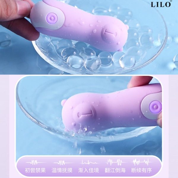 Vibrador cápsula, com cordão de segurança em silicone. Possui formato de urso, com 10 modos de vibração
