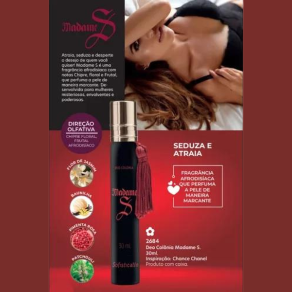 Deo Colônia Madame S Colônia Feminina Sofisticatto Fragrância Chipre Floral Perfume Frutal Afrodisíaco Colônia para Dias Quentes Fragrância Leve e Fresca Perfume Brasileiro Colônia de 30ml Deo Colônia Versátil Fragrância Sofisticada